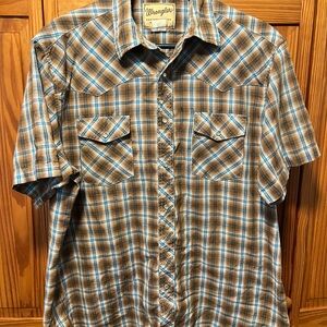 Wrangler Brown Plaid Short Sleeve Pearl Snap Shirt Size XL